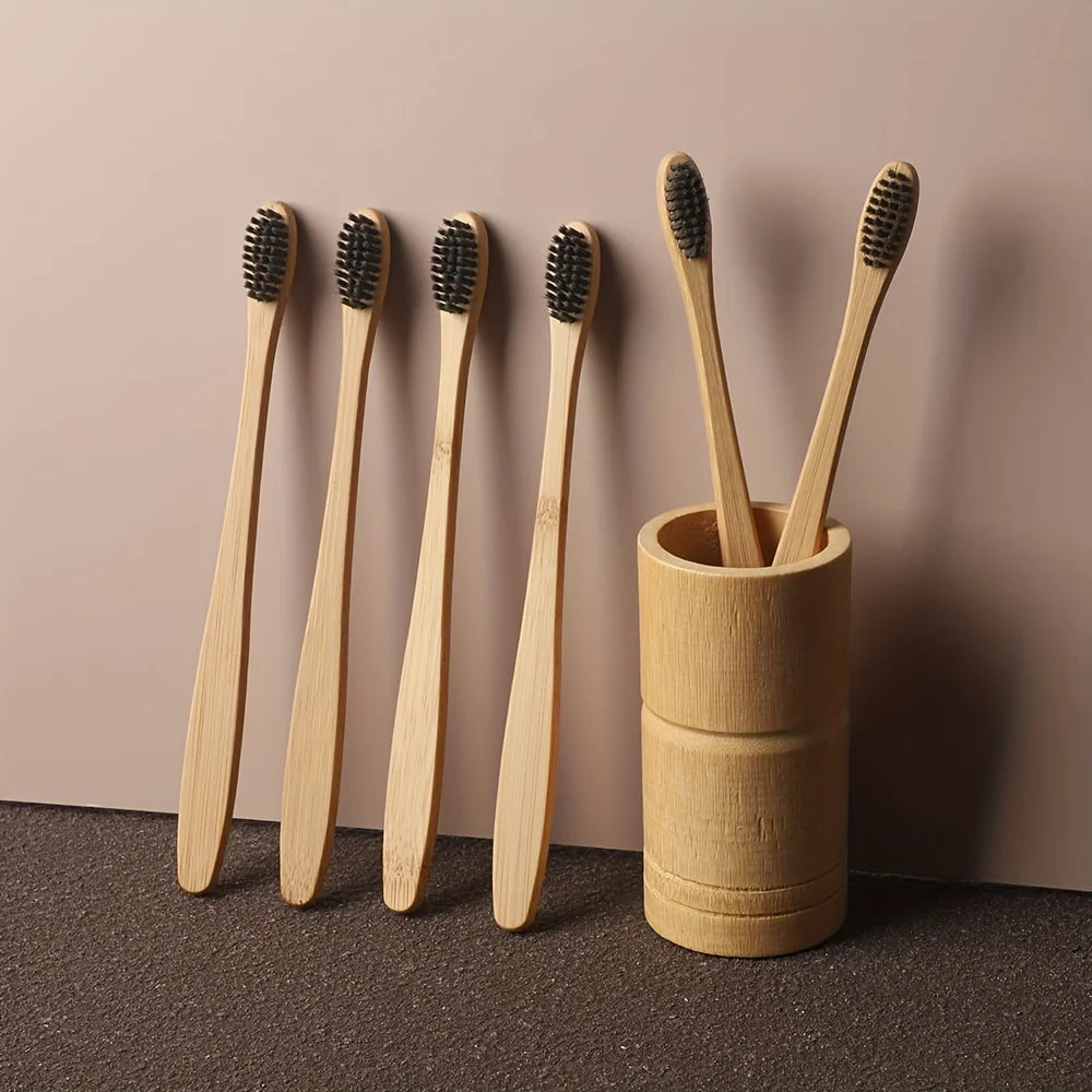 Lot de 6 brosses à dents en bambou écologiques avec poils souples pour dents et gencives sensibles – Nettoyage en profondeur – Soins bucco-dentaires